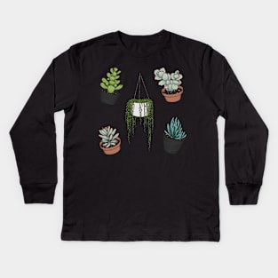 Cute Succulent Sticker Set 1 - Panda Plant, Bear Paws, Lavender Scallops, Blue Chalk Sticks, String of Pearls Kids Long Sleeve T-Shirt